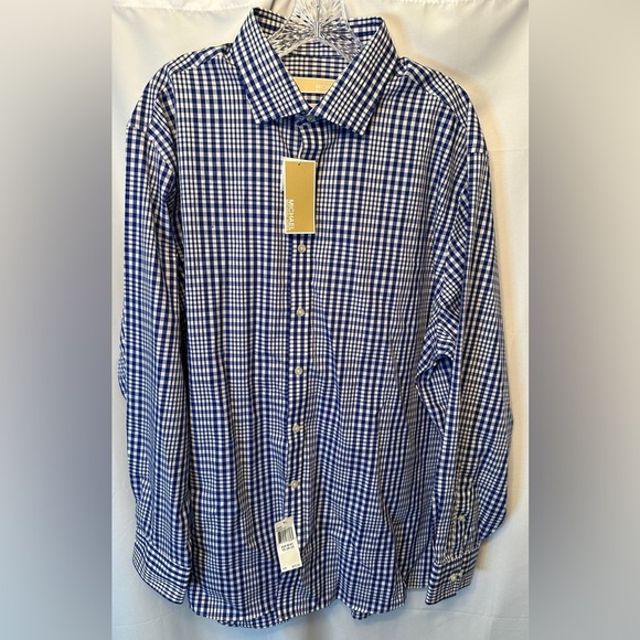 NWT Michael Kors Size 2XL 18 34/35 Blue White Plaid Men’s Button Shirt Non Iron - Picture 1 of 9